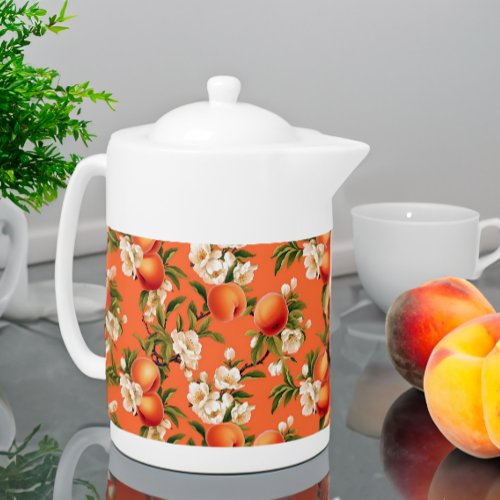 Peachy Blooms Watercolor Peach Themed  Teapot