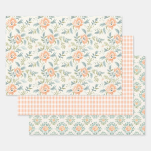 Peachy Blossoms Floral Gingham Wrapping Paper