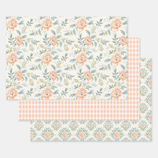 Peachy Blossoms Floral Gingham Wrapping Paper
