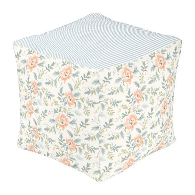 Peachy Blossoms Flowers Floral Stripe Pouf (Angled Back)