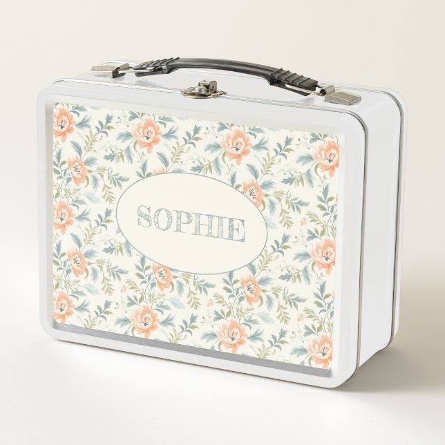 Peachy Blossoms Flowers Personalized Lunch Box (Front)