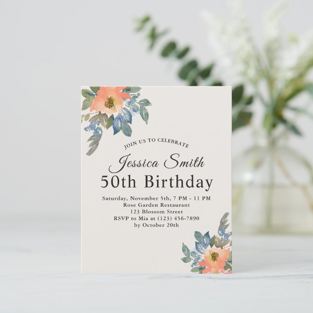Peachy Blue Watercolor Floral birthday invitation  (Creator Uploaded)