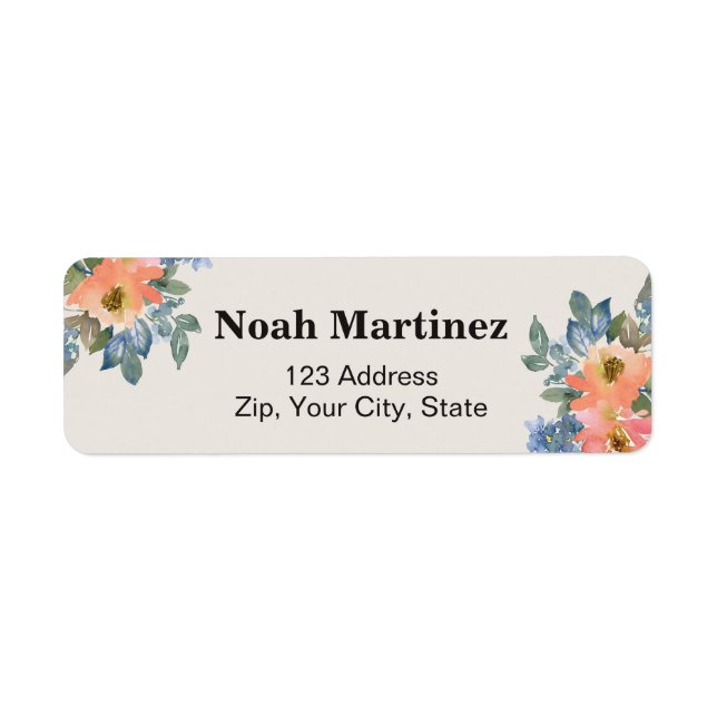 Peachy Blue Watercolor Floral Label (Front)