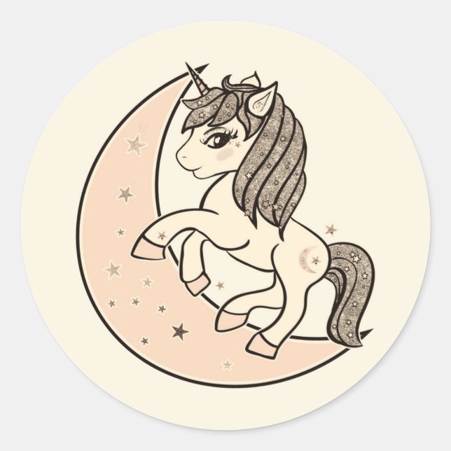 Peachy Blush Pink Celestial Moon & Stars Unicorn Classic Round Sticker (Front)