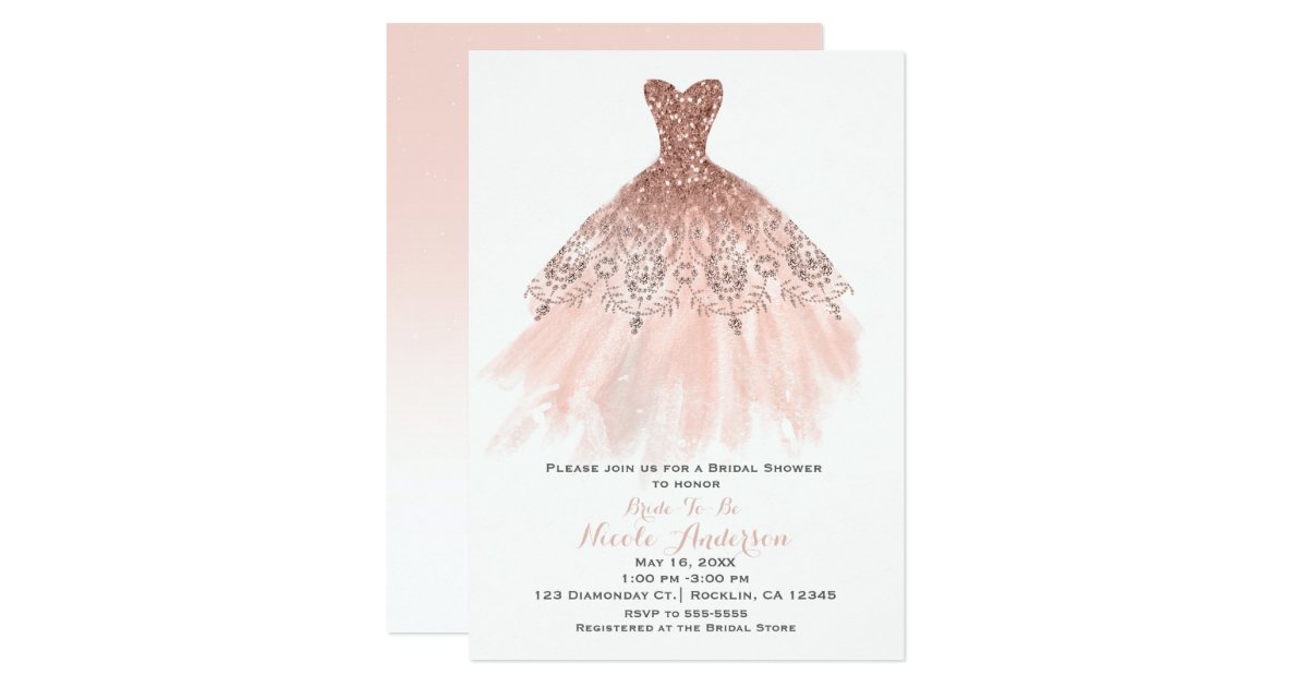 Peachy Blush Pink Glitter Glam Dress Bridal Shower Invitation Zazzle Com