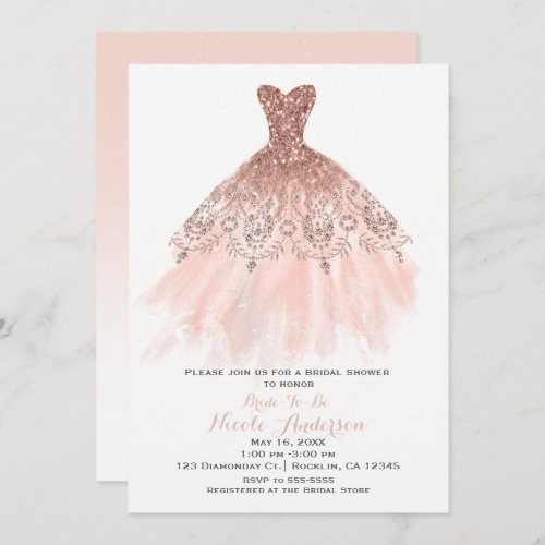 Peachy Blush Pink Glitter Glam Dress Bridal Shower Invitation