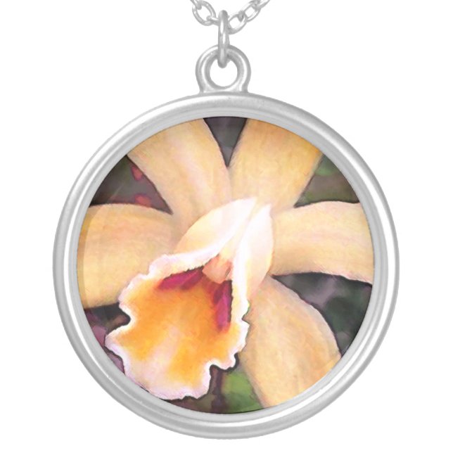 Peachy Cattleya Orchid Silver Plated Necklace (Front)