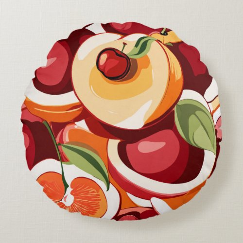 Peachy Cherry Delight Whimsical Fruit Pattern Round Pillow