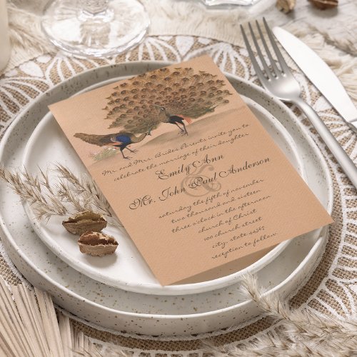 Peachy Coral Peacock Wedding Invitations