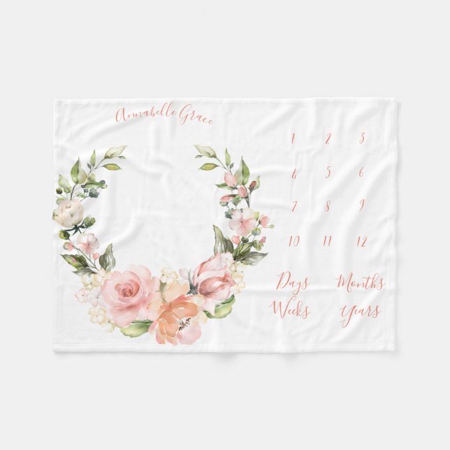 Peachy Coral Rose Wreath Monthly Baby Milestone Fleece Blanket (Front (Horizontal))