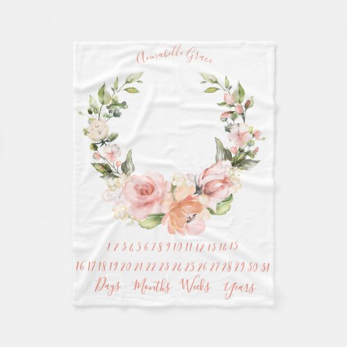 Peachy Coral Rose Wreath Monthly Baby Milestone Fleece Blanket