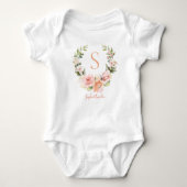Peachy Coral Rose Wreath Personalized Baby Name Baby Bodysuit (Front)