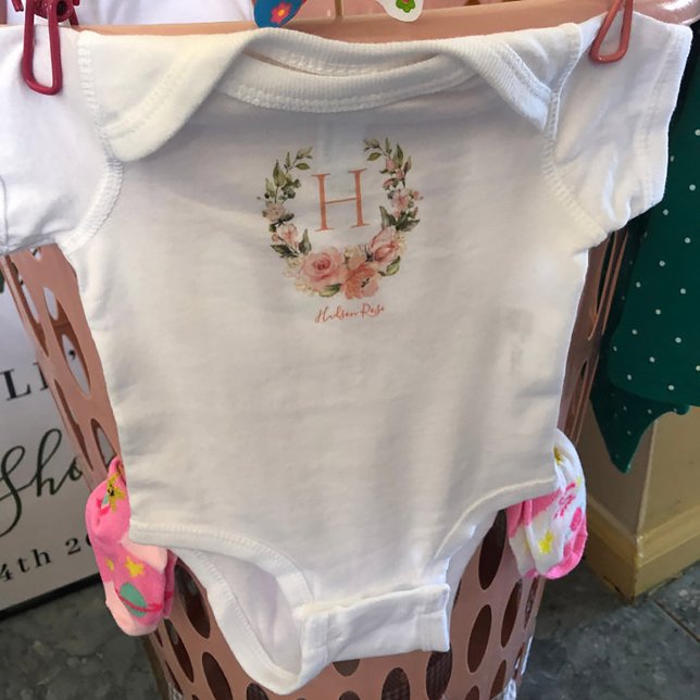 Peachy Coral Rose Wreath Personalized Baby Name Bodysuit (Thanks to Colleen for sharing her photo!)