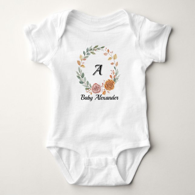 Peachy Coral Rose Wreath Personalized Name  Baby Bodysuit (Front)