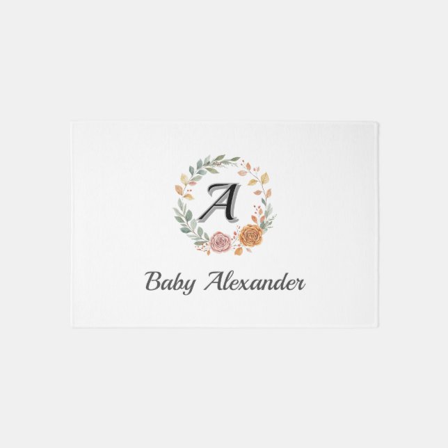 Peachy Coral Rose Wreath Personalized Name  Rug (Front)