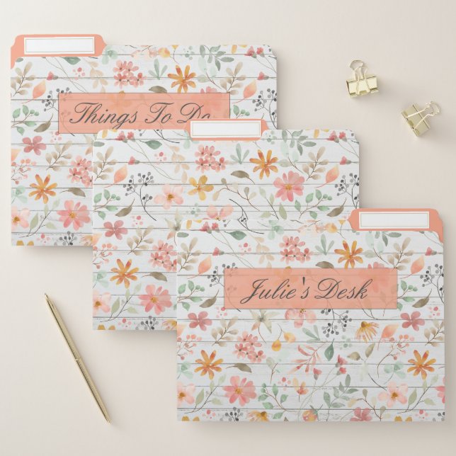 Peachy Floral Design - Set of 3 File Folders (Set)