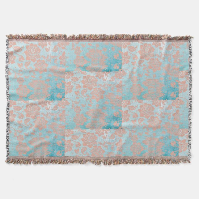Peachy Floral Lace & Teal Throw Blanket (Front)