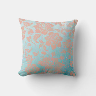 Peachy Floral Lace & Teal Throw Pillow