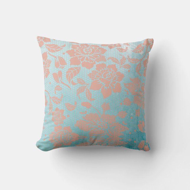 Peachy Floral Lace & Teal Throw Pillow (Front)