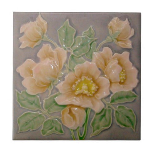 Peachy Floral Majolica Faux Relief c1900 Repro Ceramic Tile
