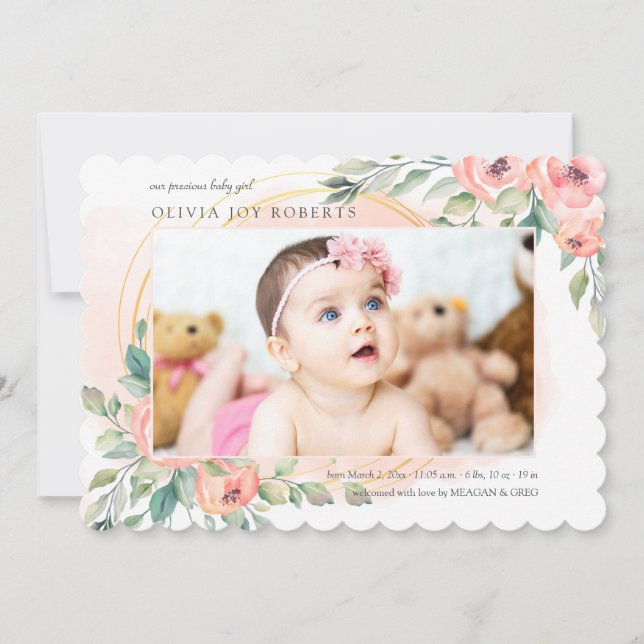 Peachy Floral Photo Birth Announcement (Front)