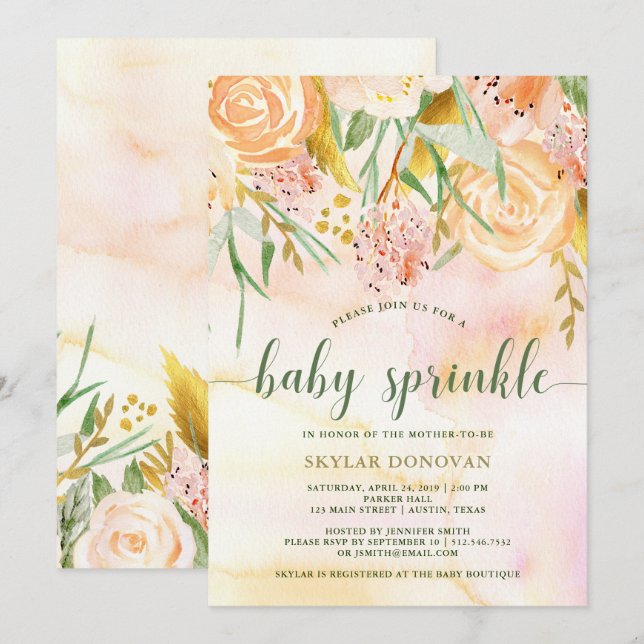 Peachy Gold Watercolor Floral | Baby Sprinkle Invitation (Front/Back)