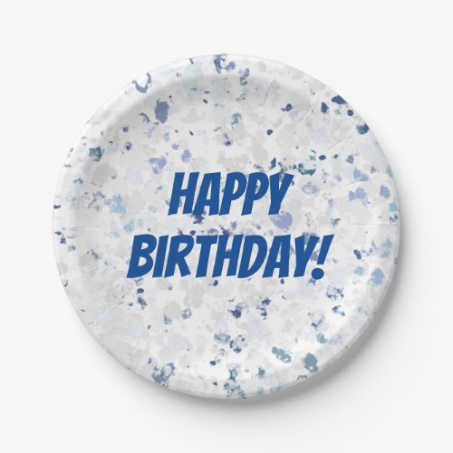 Peachy Happy Birthday Blue Gray Splatter Paper Plates