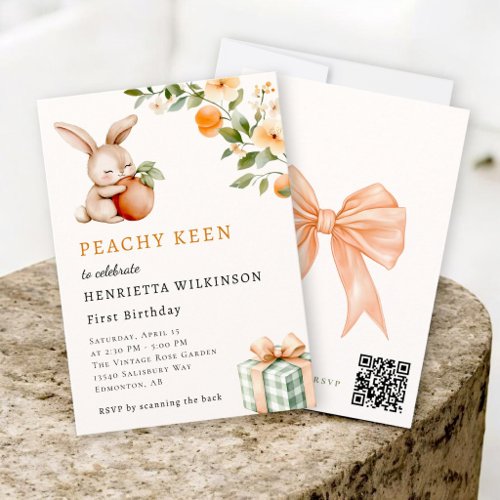 Peachy Keen Watercolor Bunny First Birthday  Invitation