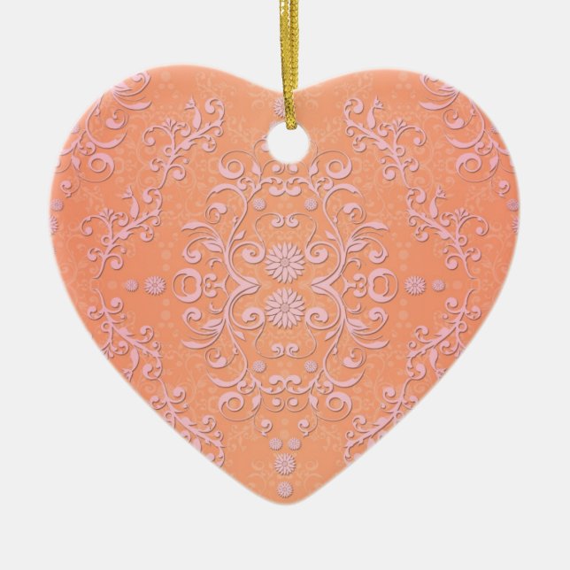 Peachy Orange and Pale Pink Damask Ceramic Ornament (Front)