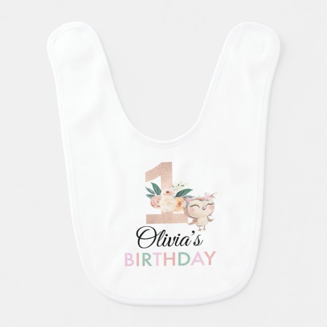 Peachy Owl Birthday Baby Bib (Front)