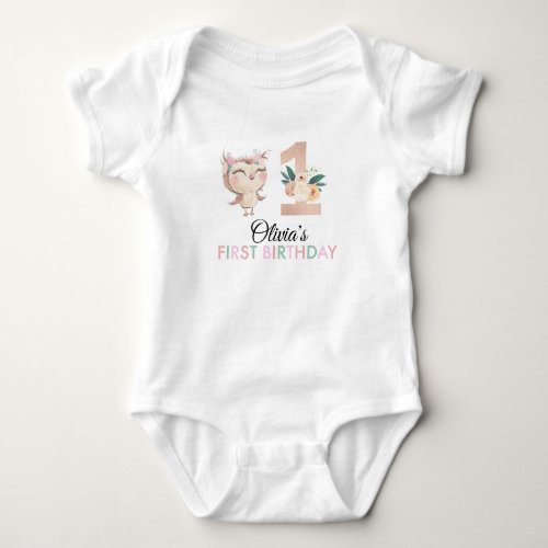 Peachy Owl Birthday Party Baby Bodysuit