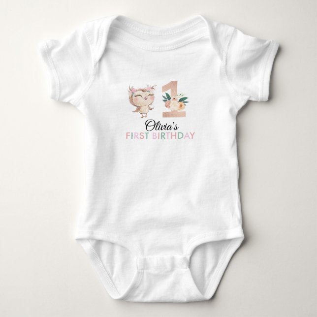 Peachy Owl Birthday Party Baby Bodysuit (Front)
