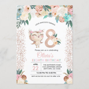 Peachy Owl Eighth Birthday Invitation