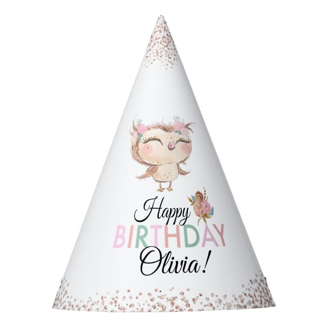Peachy Owl Faux Glitter Birthday Hat (Front)