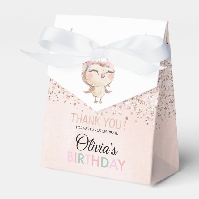 Peachy Owl Faux Glitter Party Favor Box (Front Side)