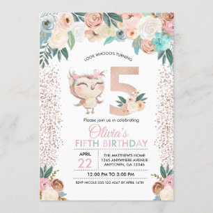 Peachy Owl Fifth Birthday Invitation