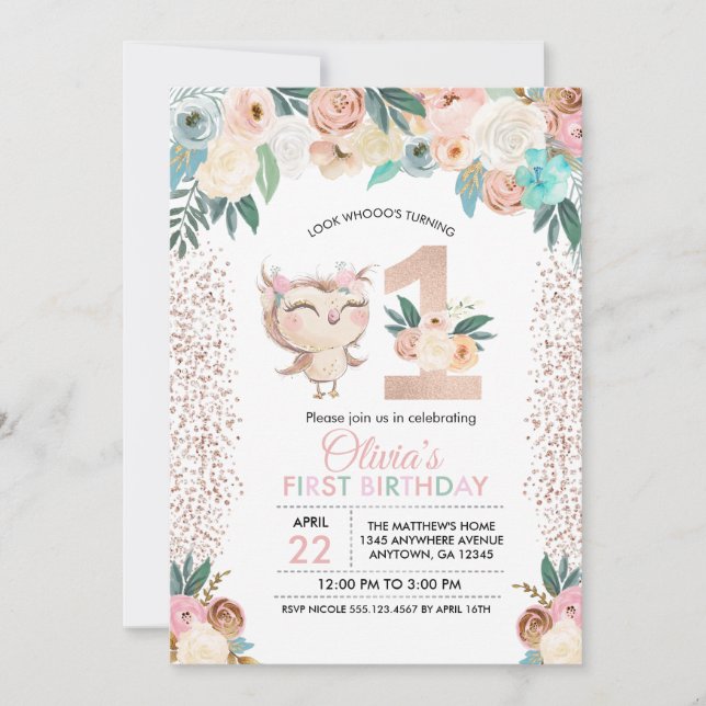 Peachy Owl First Birthday Invitation (Front)