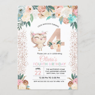 Peachy Owl Fourth Birthday Invitation