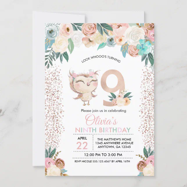 Peachy Owl Ninth Birthday Invitation Zazzle