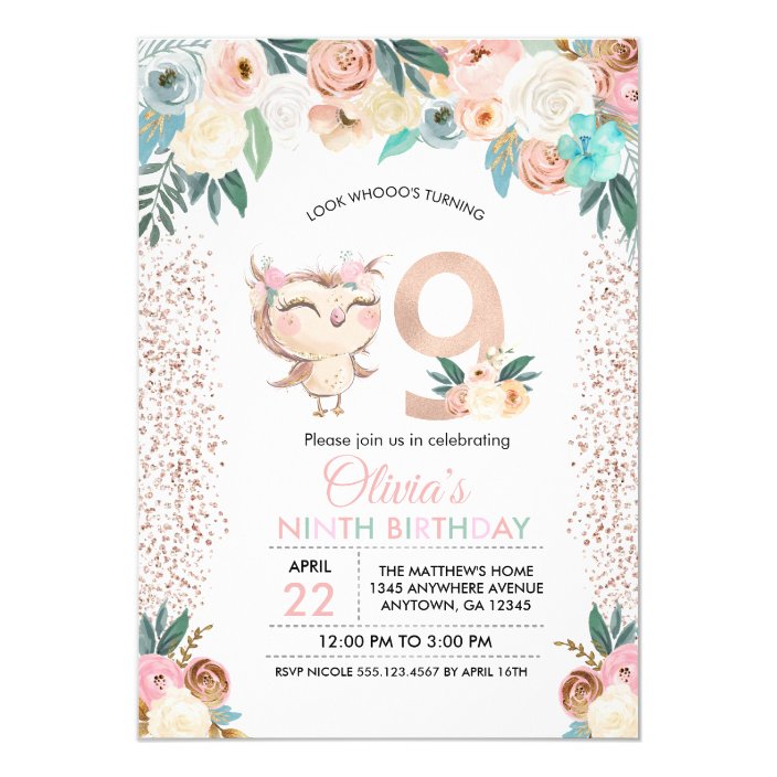 Peachy Owl Ninth Birthday Invitation