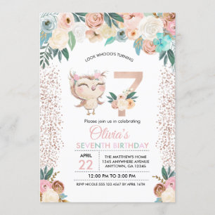 Peachy Owl Seventh Birthday Invitation