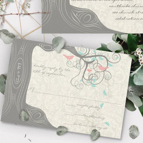 Peachy Pink and Mint Love Birds Wedding RSVP Card