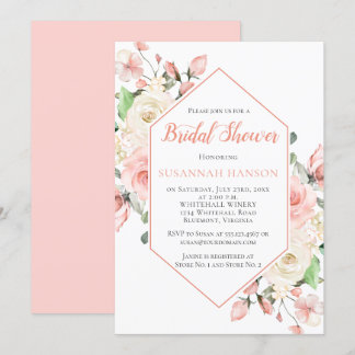 Peachy Pink and White Roses Frame Bridal Shower Invitation