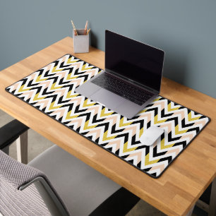 Peachy Pink, Black, Gold & White Chevron Stripes Desk Mat