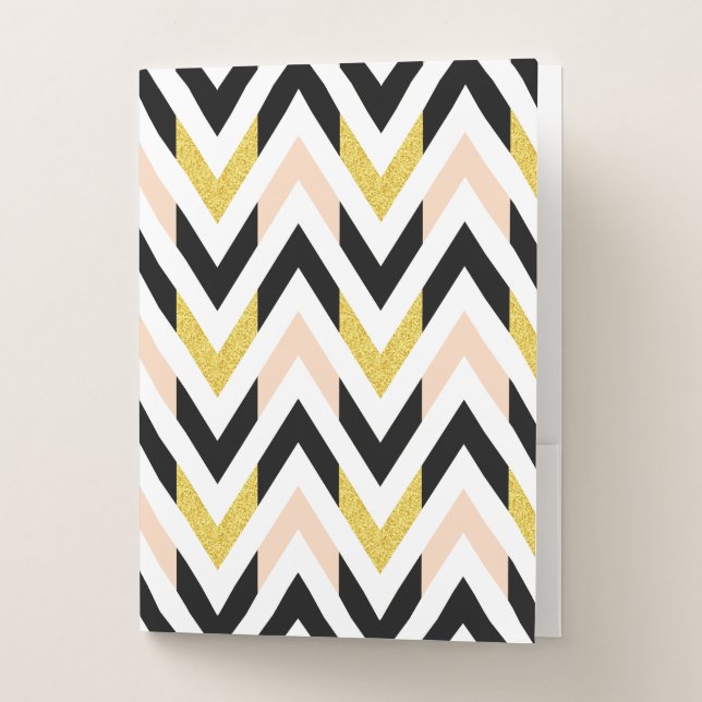 Peachy Pink, Black, Gold & White Chevron Stripes Pocket Folder (Front)