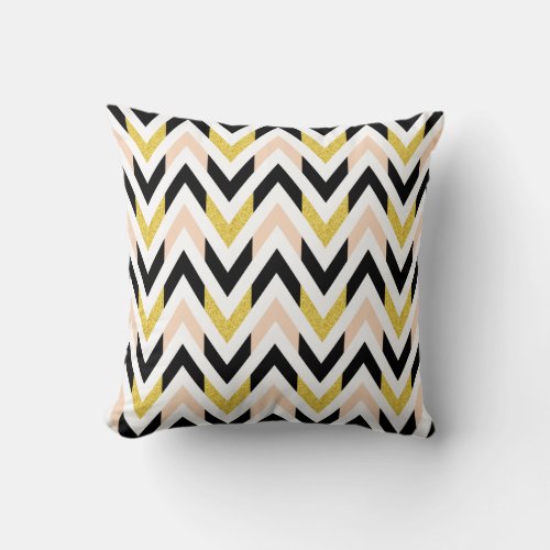 Peachy Pink Black Gold  White Chevron Stripes Throw Pillow