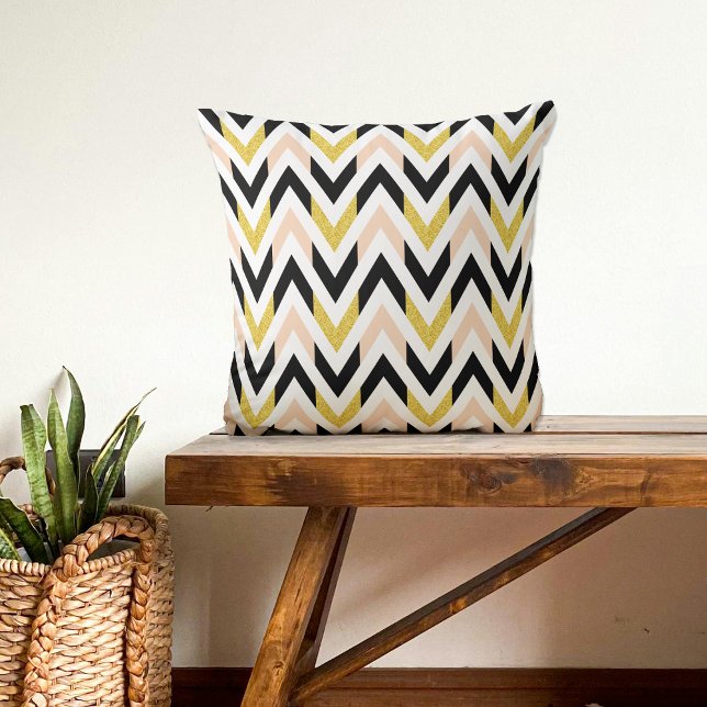 Peachy Pink, Black, Gold & White Chevron Stripes Throw Pillow (Creator Uploaded)