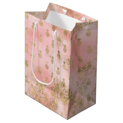 Peachy Pink Blush Gold Glitter Pineapples    Medium Gift Bag