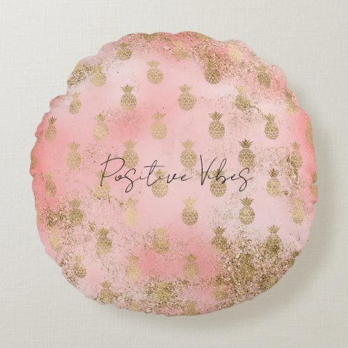 Peachy Pink Blush Gold Glitter Pineapples    Round Pillow