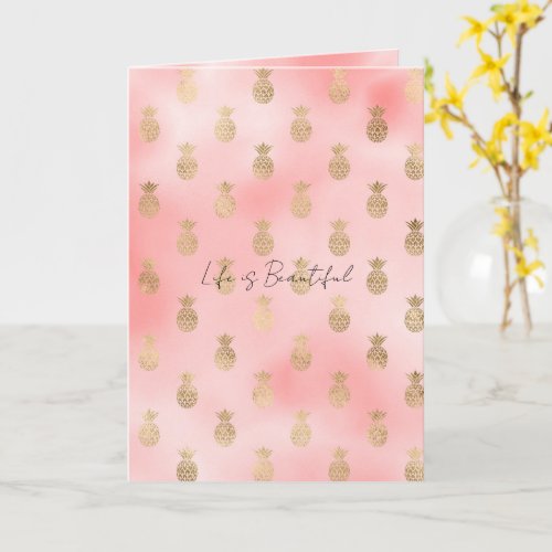 Peachy Pink Blush Gold Pineapples  Card